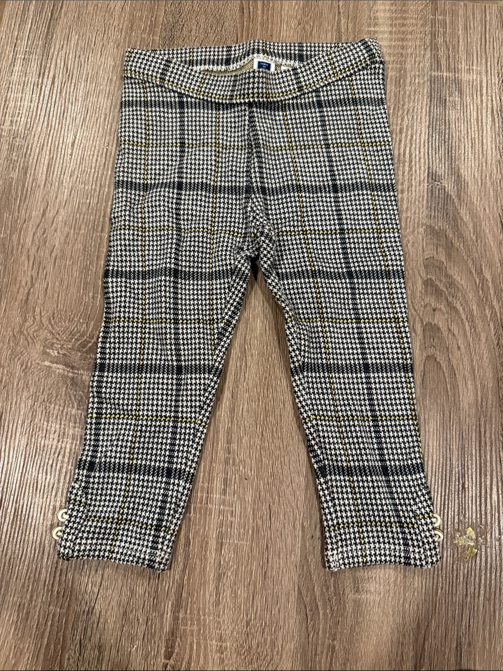 Plaid Knit Kids Leggings with Button Detail - Black, White & Yellow